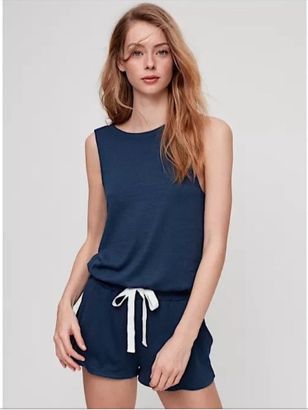 Wilfred Free Izabel Sleeveless Romper Navy Blue White Drawstring Waist Soft